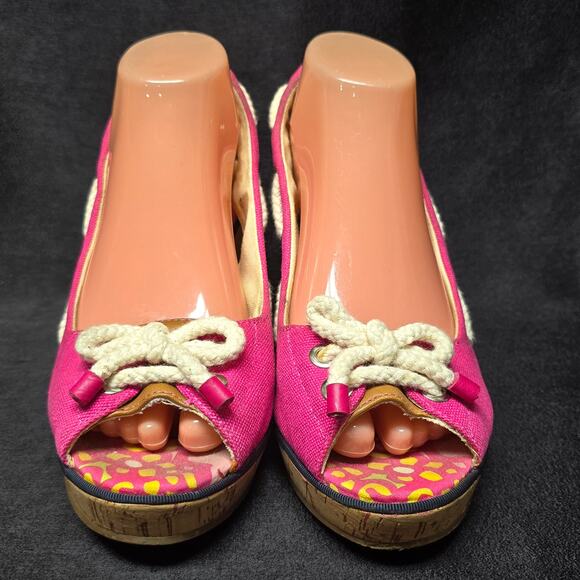Sperry Top Sider Pink Slingback Rope Bow Wedge Heels Peep Toe Shoes Sandals - Picture 2 of 10